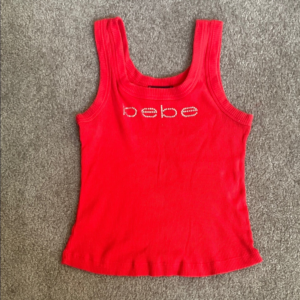 Bebe Fitted Red Tank Top with Rhinestone Logo